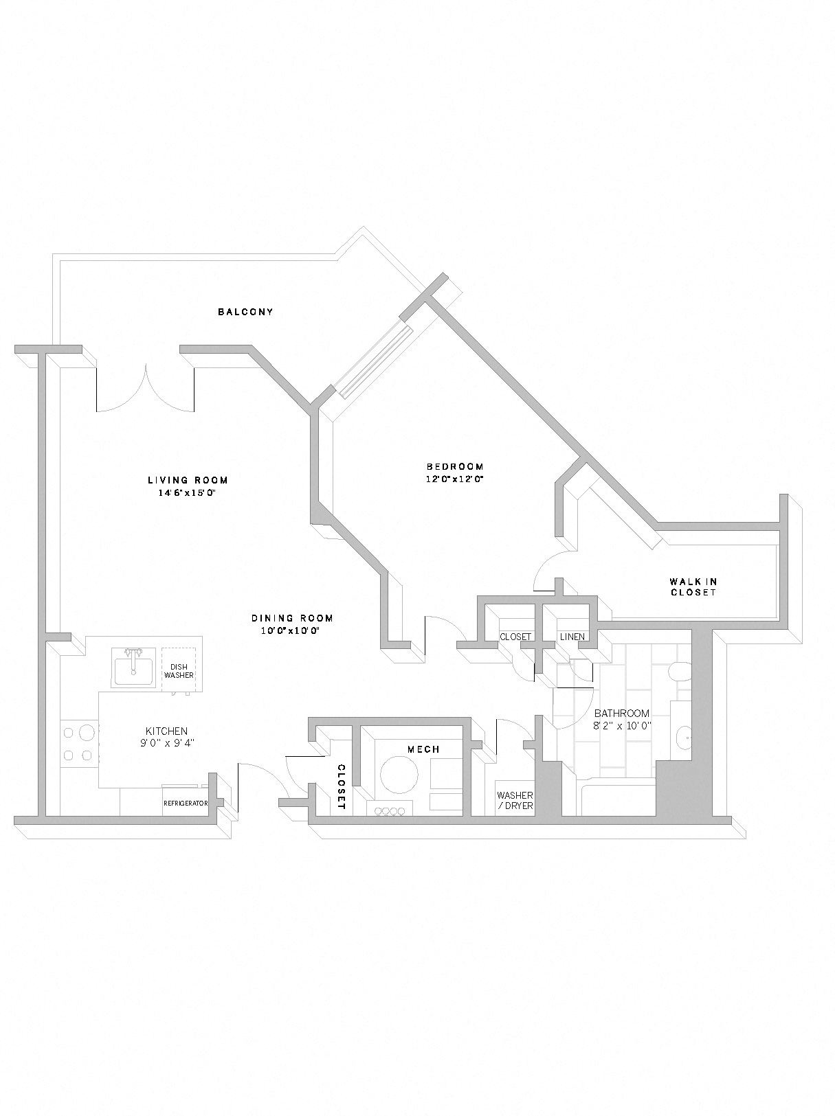 Floor plan for 1 bed, 1 bath, 908 sqft